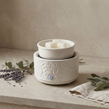 Load image into Gallery viewer, CERAMIC 3-IN-1 WAX MELT WARMER BURNER (WHITE LEAVES DESIGN)
