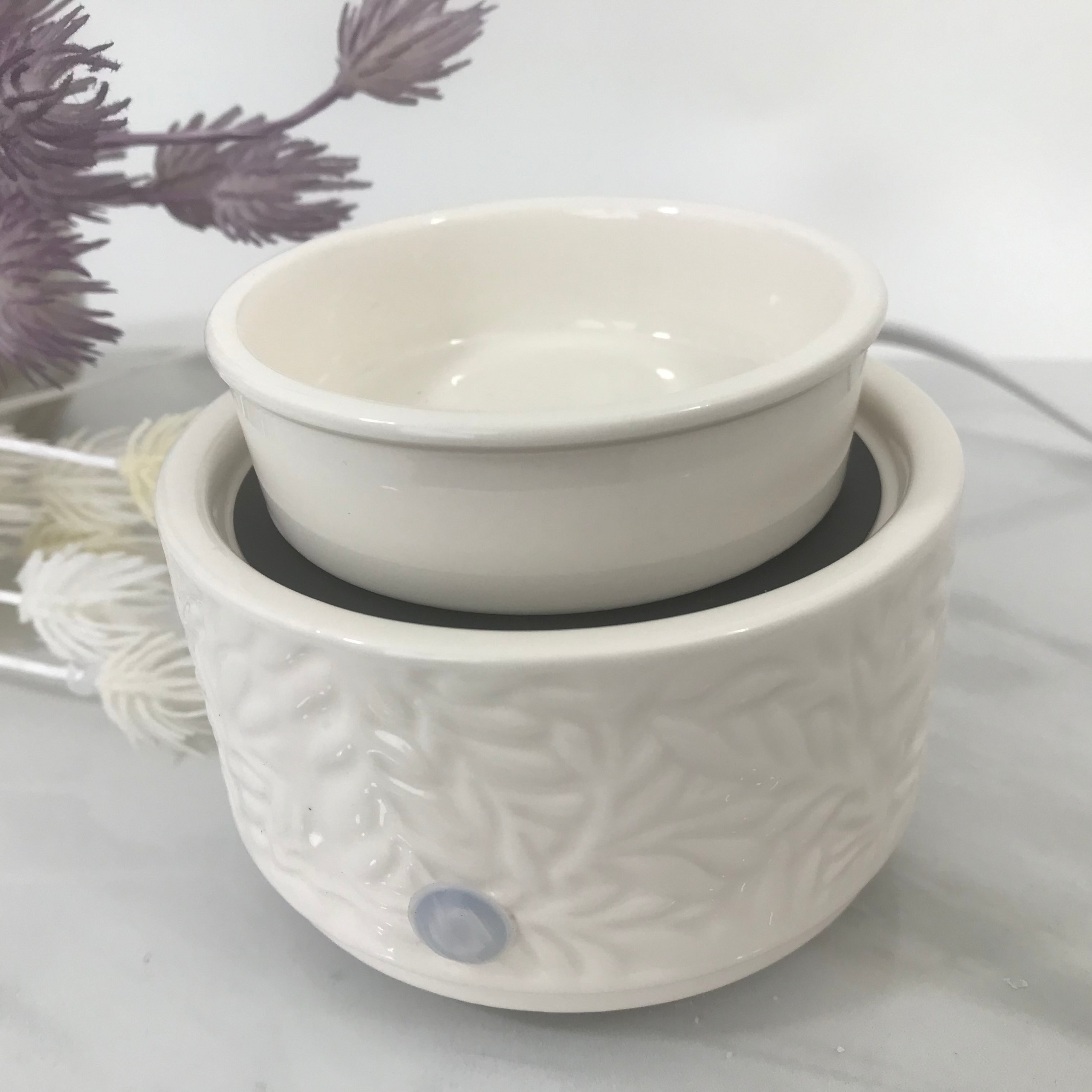 CERAMIC 3 IN 1 WAX MELT WARMER BURNER WHITE LEAVES DESIGN B nc o herbalist